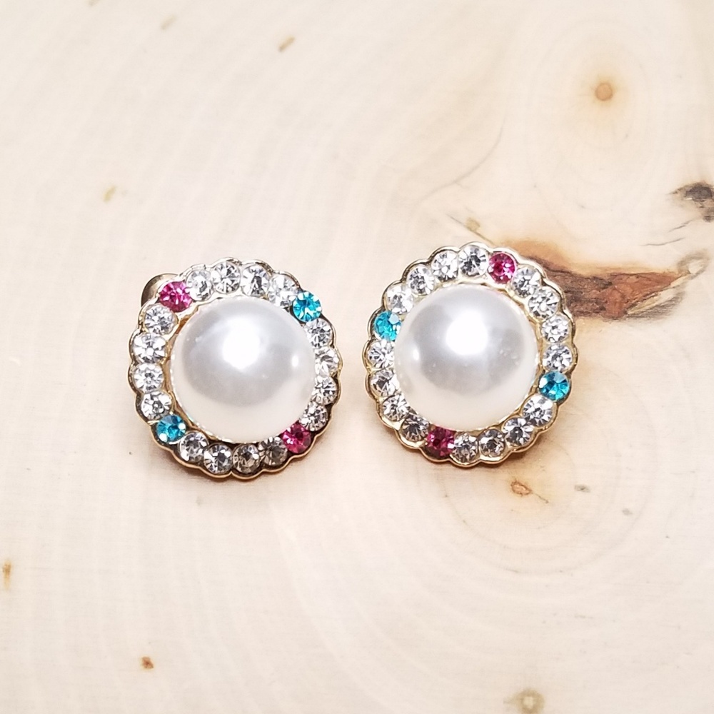 Vintage Pearl Button With Rhinestone Rim Earrings